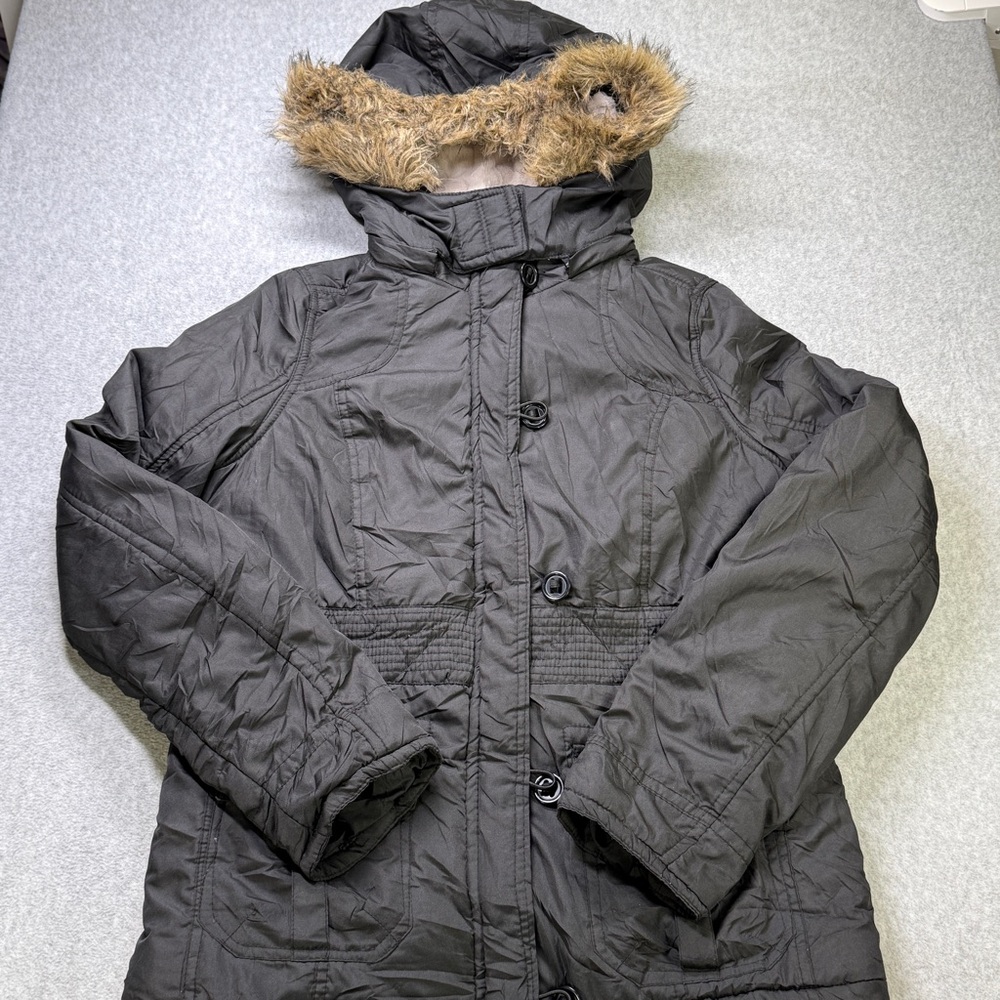 Vanity Women’s Hooded Puffer Coat Faux Fur Trim Black‎ Size M